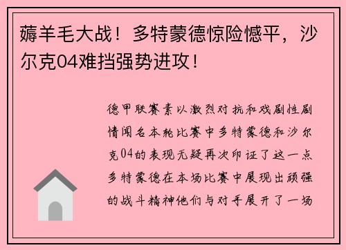 薅羊毛大战！多特蒙德惊险憾平，沙尔克04难挡强势进攻！